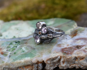 oak sapling ring in antiqued silver with pink sapphires and champagne diamonds