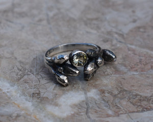 Oak sapling ring with diamonds and yellow sapphire