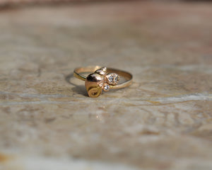 14k Rose gold, solid gold marine shell treasure ring with 3 1.5mm diamonds set in 14k rose gold granules. The ring is size 5 3/4, with a 1.5mm hammer finished band. This ring was entirely handcrafted by Peggy 2021