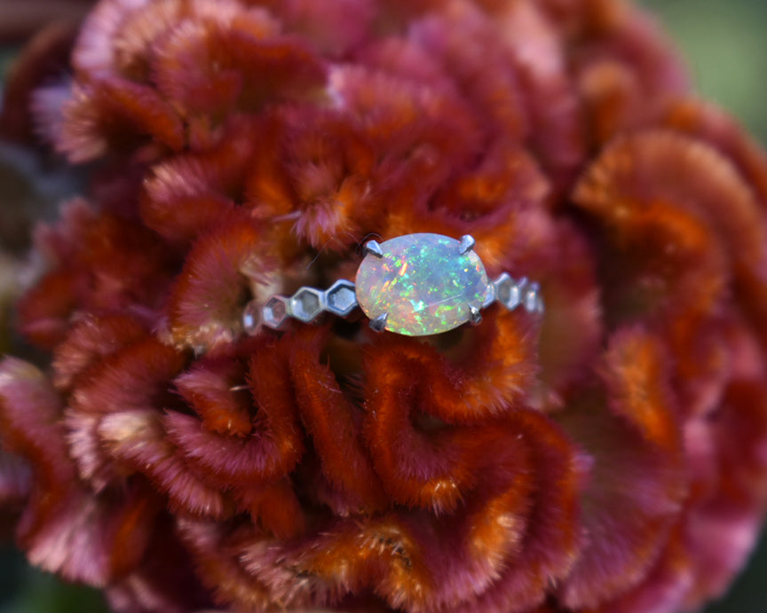 Opal ring, peggy skemp jewelry, honeycomb ring, solitaire ring, east west setting, opal solitaire