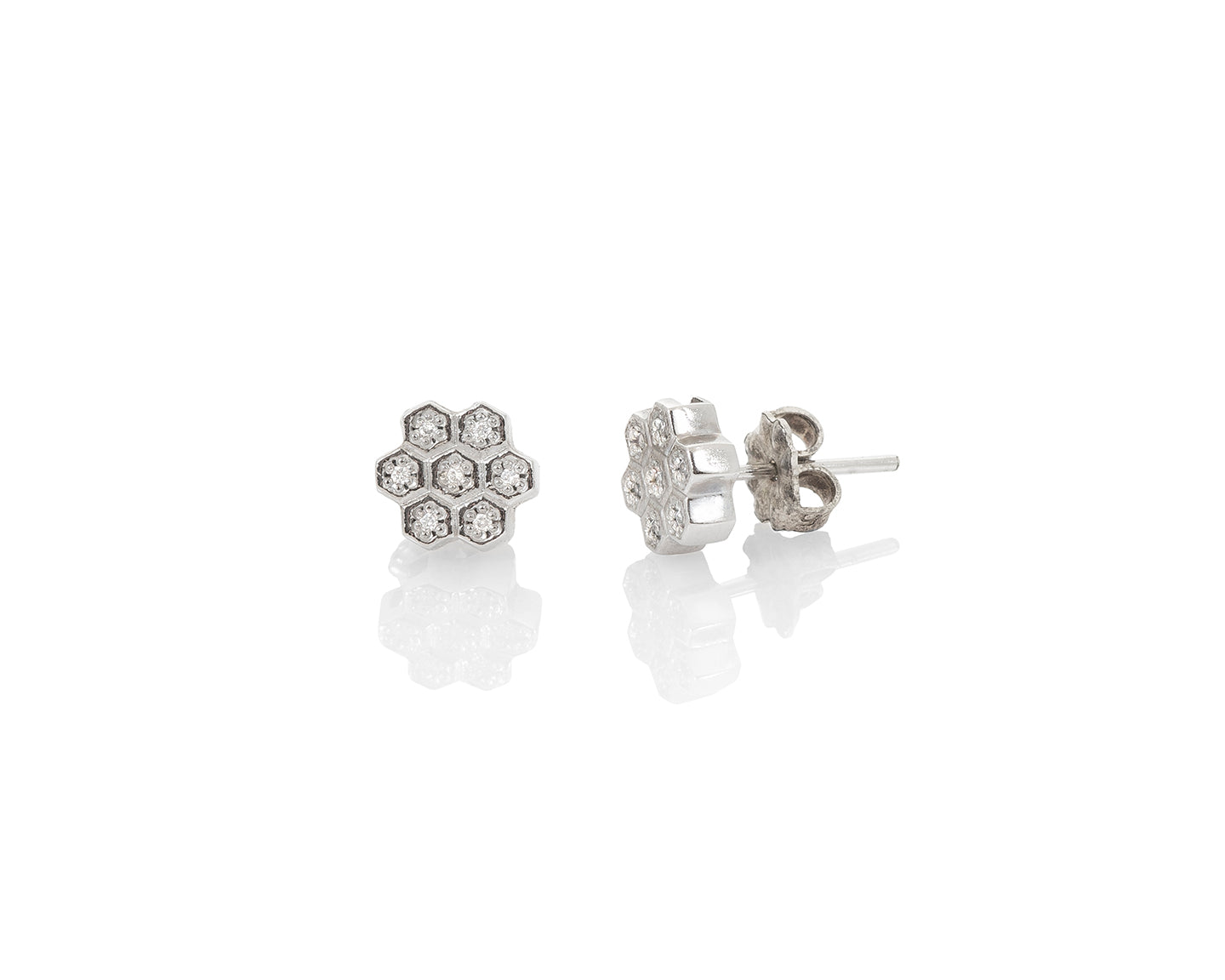 silver honeycomb cluster earrings with conflict free diamonds by Peggy Skemp.