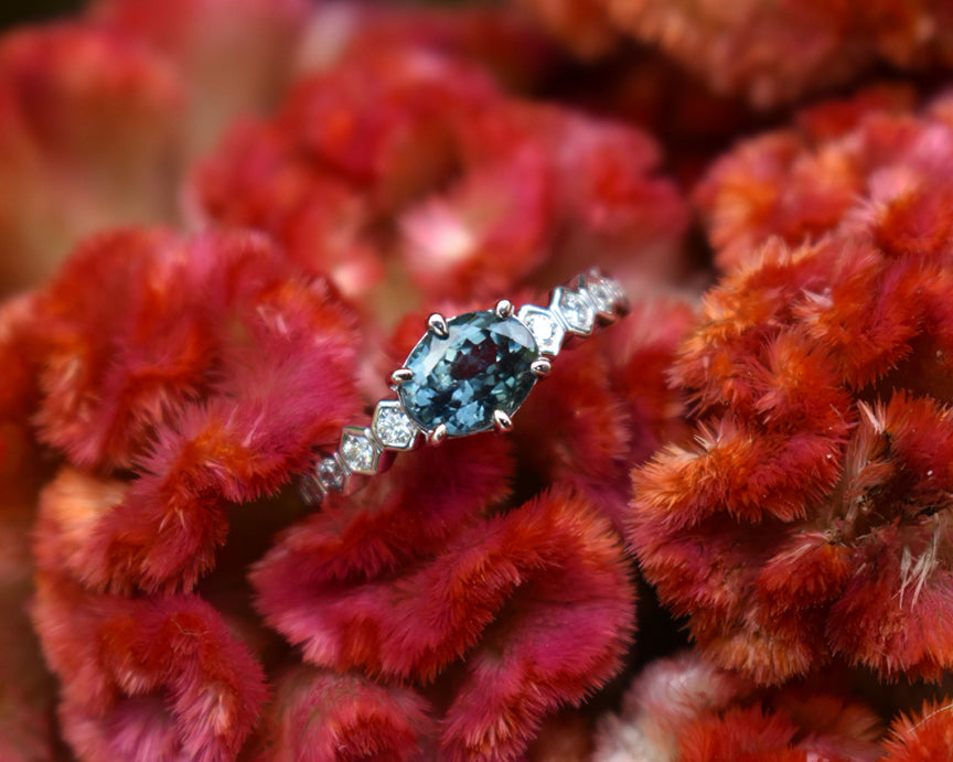 Bespoke Sapphire Honeycomb Eternity Solitaire Anniversary Ring with unheated teal blue green Australian sapphire