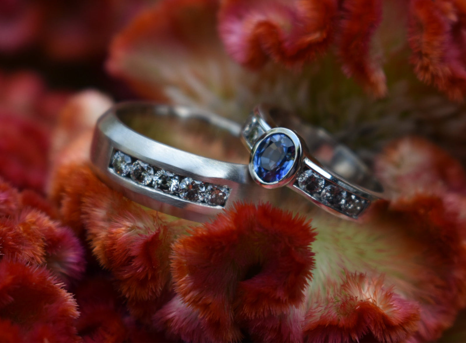 Pat and Christy's Wedding set, 14k palladium white gold, salt and pepper diamonds.