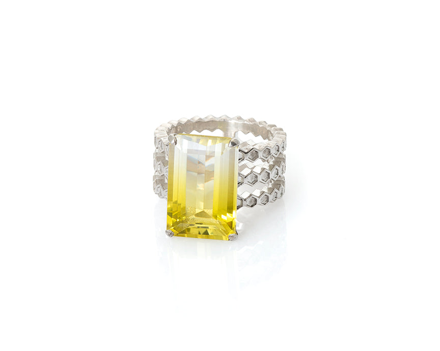 bicolor lemon quartz honeycomb cocktail ring in silver by Peggy Skemp, Lemon Quartz, Citrine, Bicolor Gem, animal architecture, hexagons, geometric design