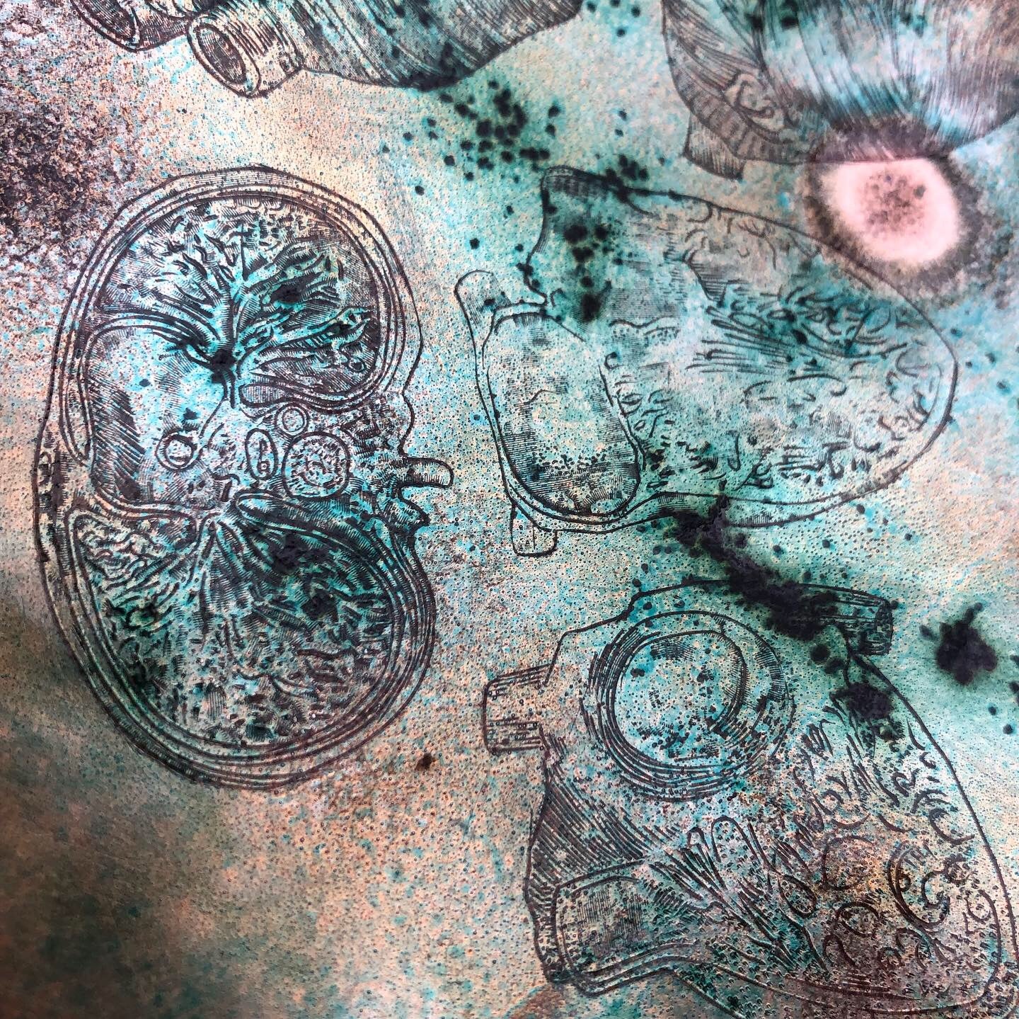 hot glass enamelled one of a kind pea pod and leaf necklace, silver, copper and vitreous enamel by Peggy Skemp 2009.