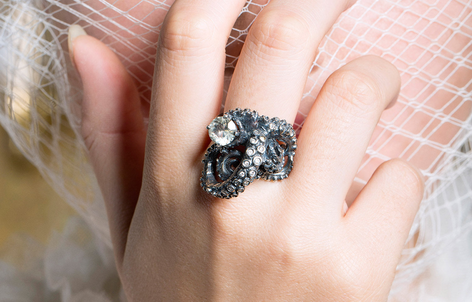 tentacle ring, diamond ring, alternative bridal, tentacles, diamond ring, octopus ring, squid ring, peggy skemp jewelry