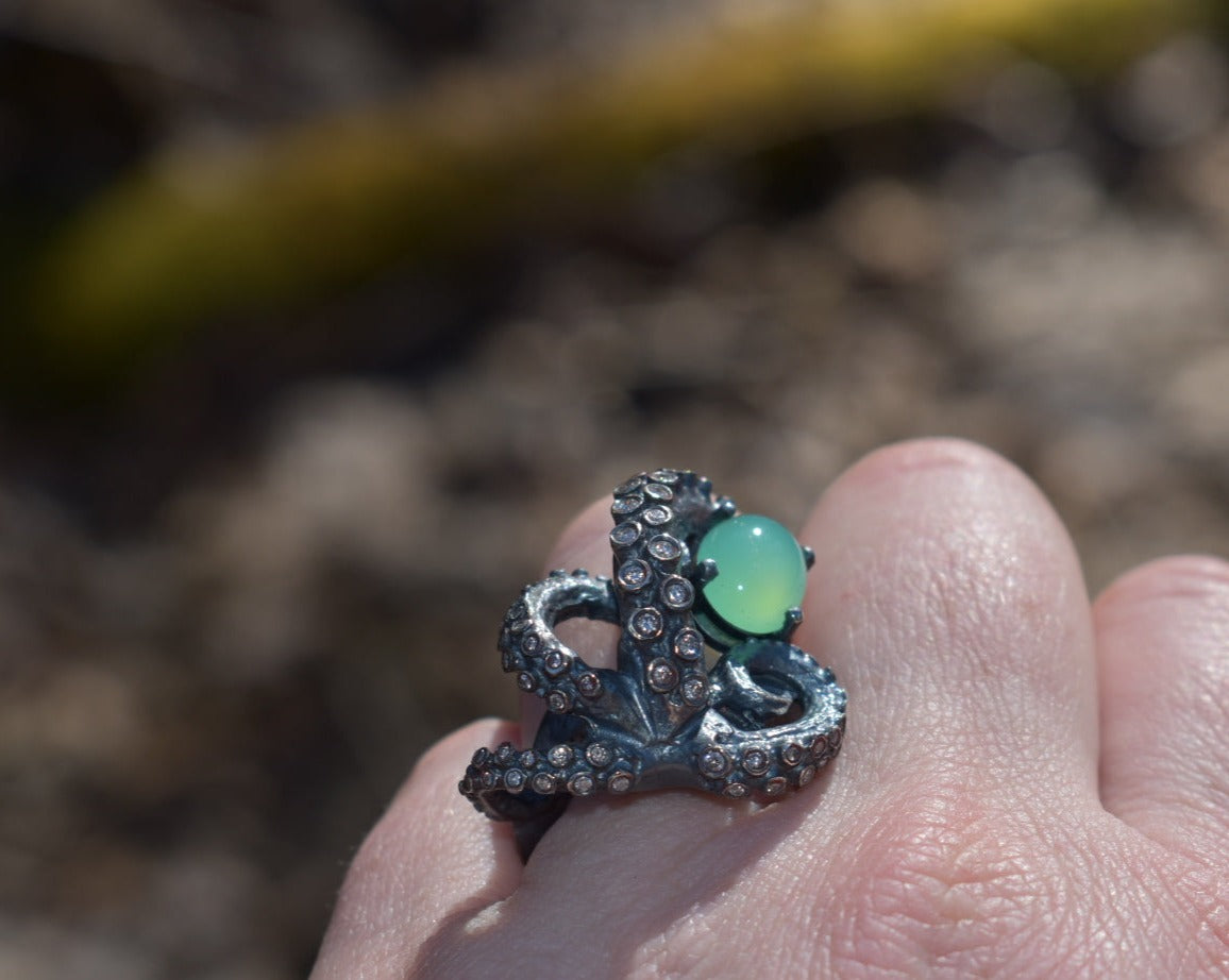 Diamond, Chrysoprase Tentacle Sculpture Ring