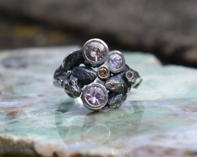 Oak sapling ring with 1.05 ct pink and peach sapphires, .06ct champagne diamonds