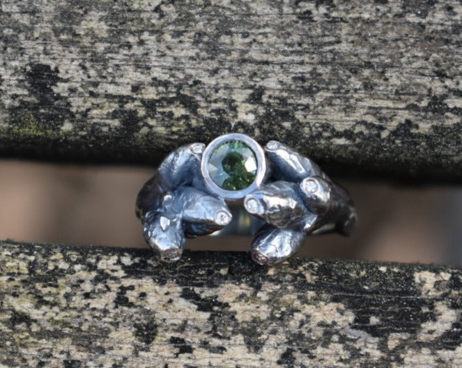 Oak sapling branch ring with green sapphire and white diamonds