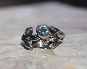 Oak sapling ring with color change blue/green sapphire and champagne diamonds