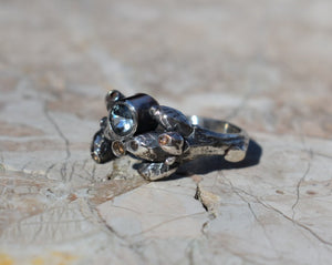 oak sapling ring in antiqued silver with blue color change  sapphire and champagne diamonds