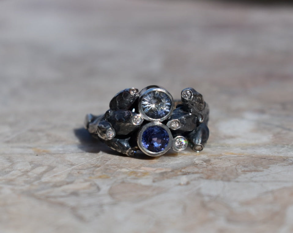 Oak sapling ring with 2 blue sapphires and 8 white diamonds