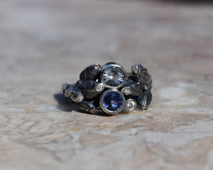 Oak sapling ring with 2 blue sapphires and 8 white diamonds