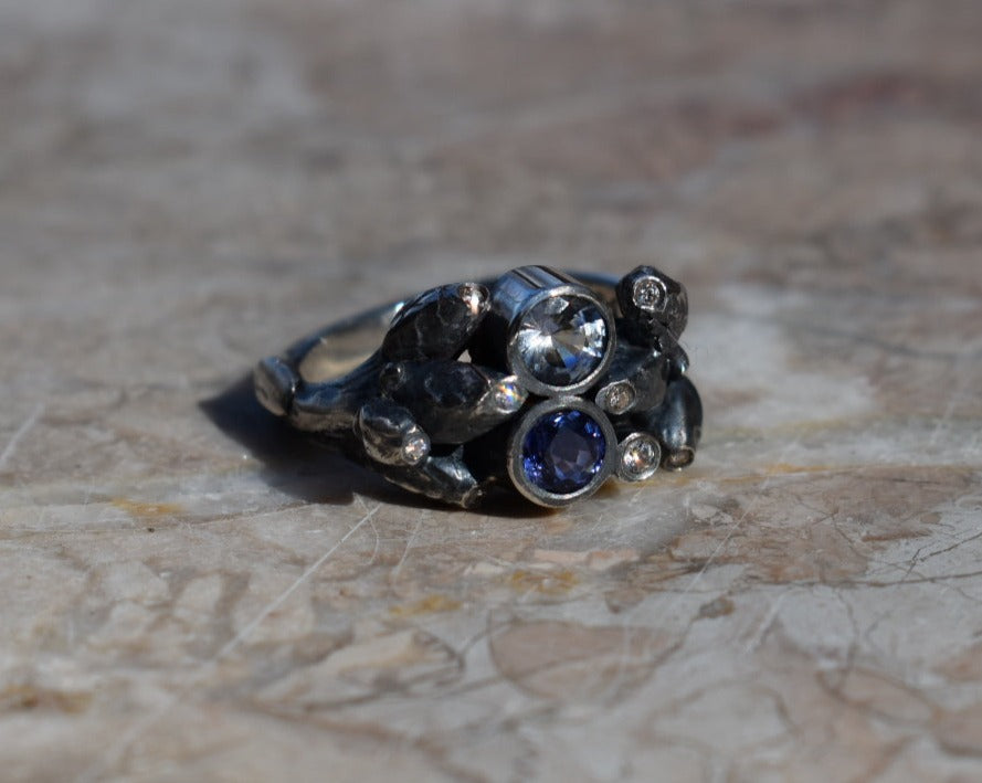 Oak sapling ring with 2 blue sapphires and 8 white diamonds