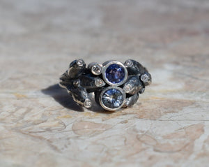 Oak sapling ring with 2 blue sapphires and 8 white diamonds in antique silver