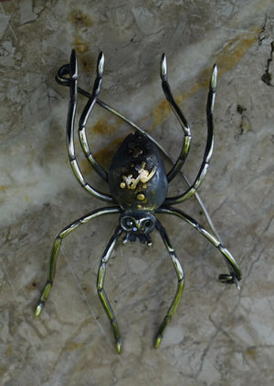 Detailed spider brooch, garden spider with black diamond eyes, silver palps, hand engraved silver legs, with 18ky, 14k white and 14k rose gold details on the body.