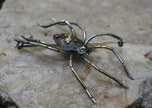 Detailed spider brooch, garden spider with black diamond eyes, silver palps, hand engraved silver legs, with 18ky, 14k white and 14k rose gold details on the body.