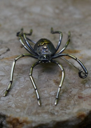 Detailed spider brooch, garden spider with black diamond eyes, silver palps, hand engraved silver legs, with 18ky, 14k white and 14k rose gold details on the body.