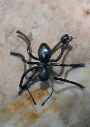 black silver ant pin with black diamond eyes, hand crafted brooch, pin by Peggy Skemp 2024