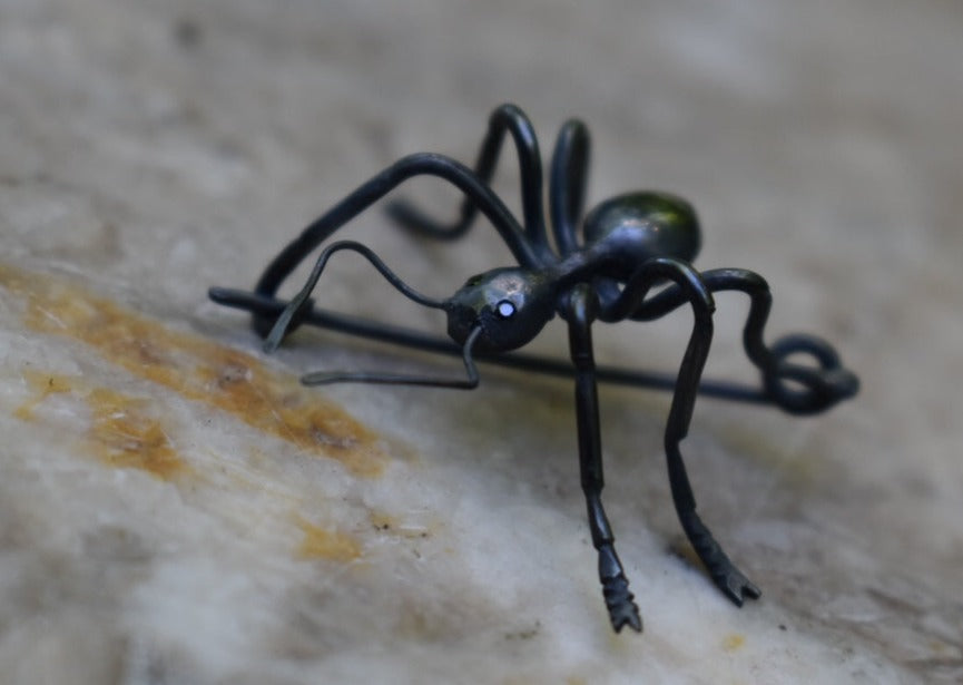 black silver ant pin with black diamond eyes, hand crafted brooch, pin by Peggy Skemp 2024