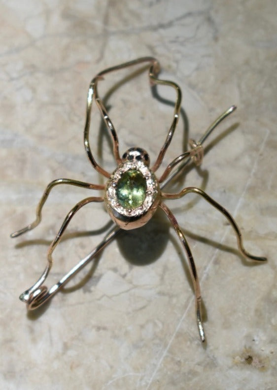 14k rose gold spider pin/pendant with 6 black diamond eyes and green/blue/gold color-change sapphire