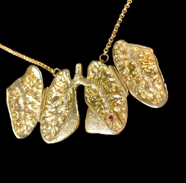 Gold Vermeil Anatomical Lung Locket with 2mm Ruby