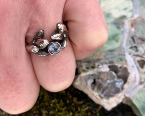 color change sapphire oak sapling ring with diamonds in antiqued silver