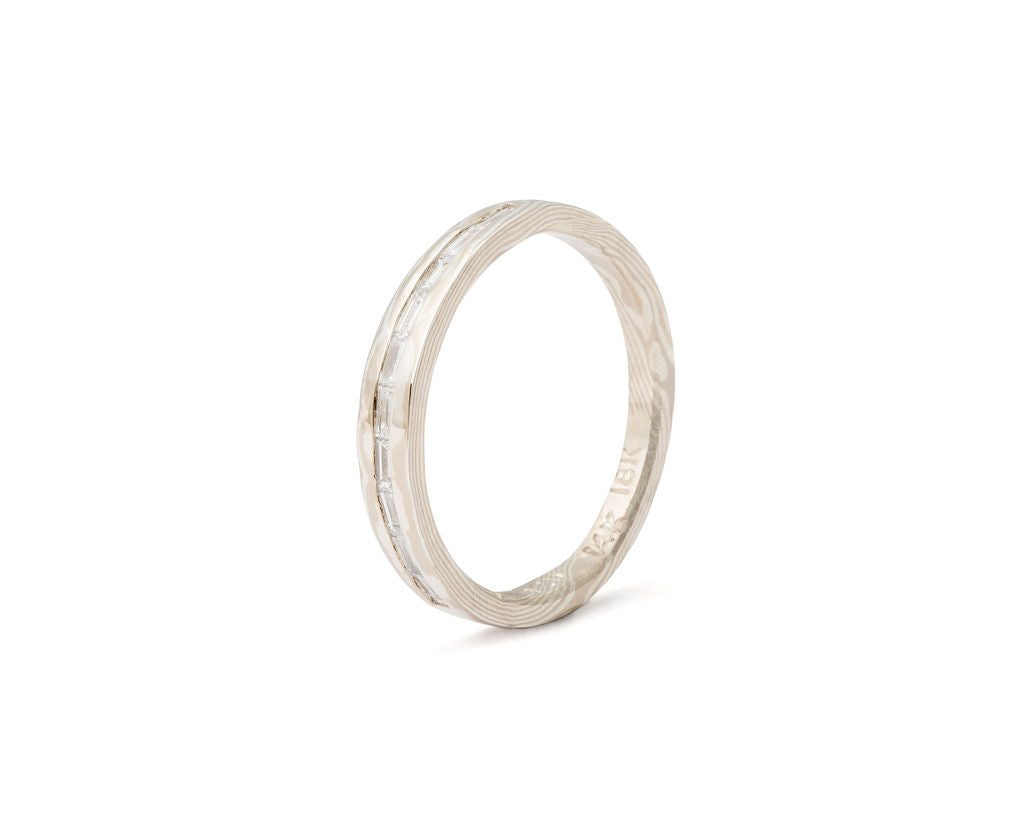 White gold married metals mokume gane, palladium white gold, wood grain metal wedding, anniversary or everyday diamond band with sparkling natural diamond baguettes.