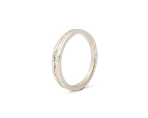 White gold married metals mokume gane, palladium white gold, wood grain metal wedding, anniversary or everyday diamond band with sparkling natural diamond baguettes.