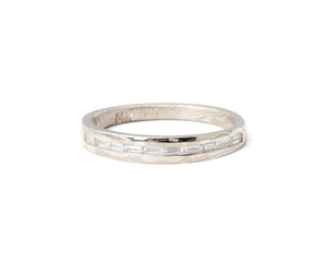 White gold married metals mokume gane, palladium white gold, wood grain metal wedding, anniversary or everyday diamond band with sparkling natural diamond baguettes.