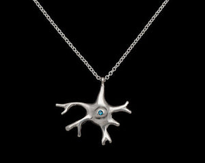 Silver glial nerve cell necklace with 2mm flush set aqua blue diamond.