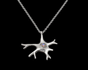Glial nerve cell necklace in solid silver with bezel set 3mm rainbow moonstone