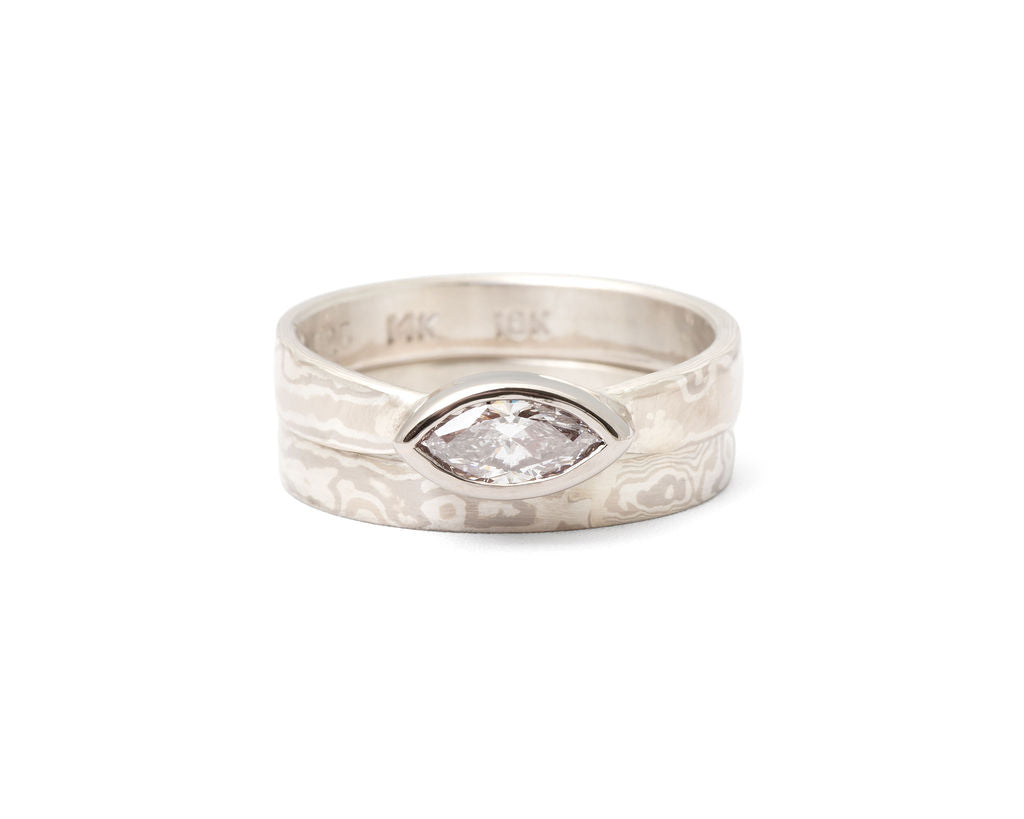 Mokume Gane Marquise Diamond Ring, Size 6.5