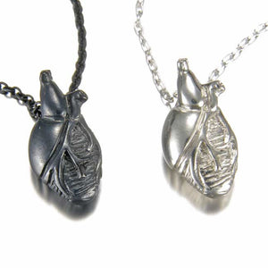 Black silver and polished silver mini anatomical heart necklaces, side by side, ventral view. Anatomical heart necklaces by Peggy Skemp