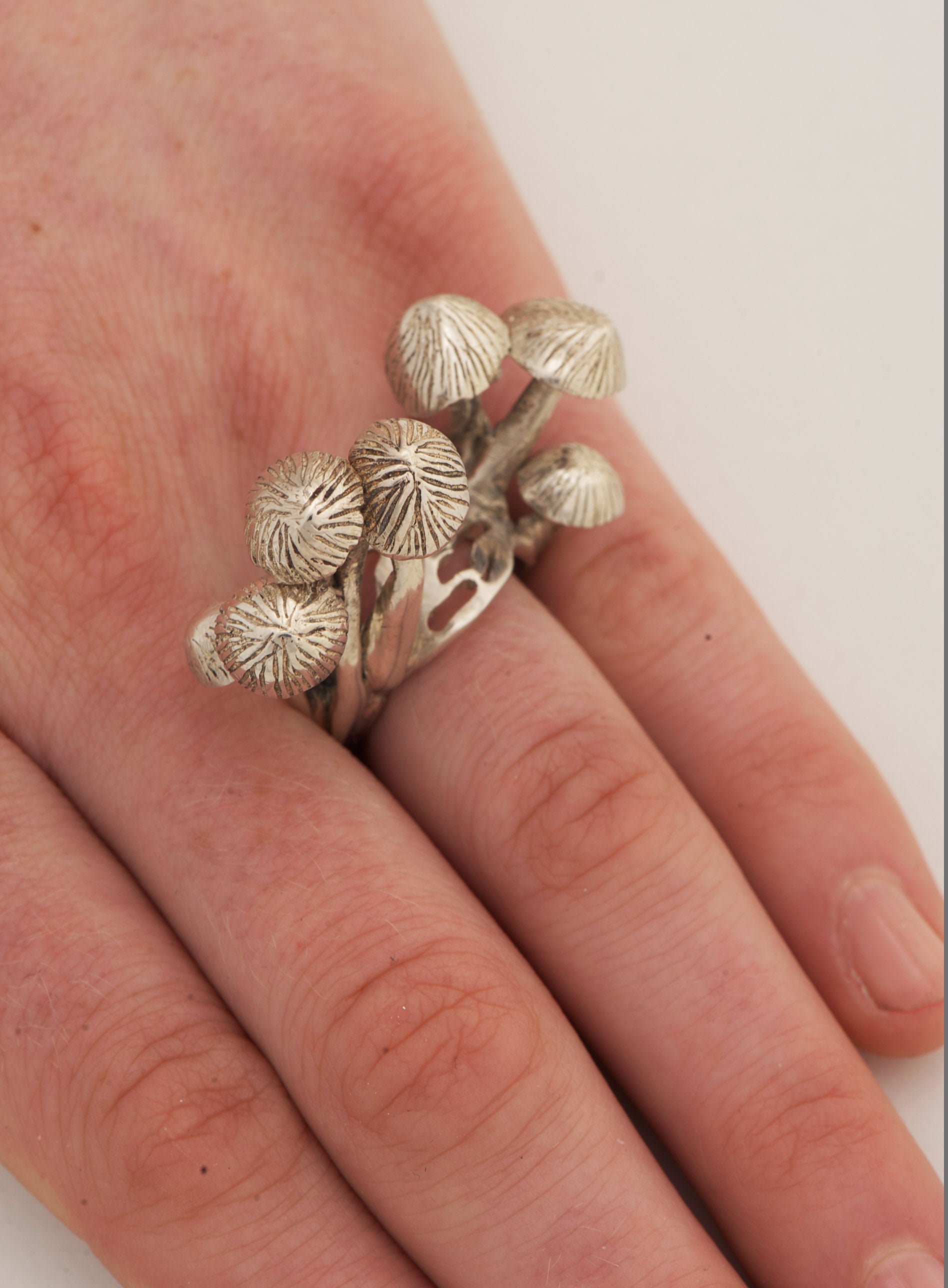 One of a kind, sculpture, art jewelry, silver coin cap mushroom ring by Peggy Skemp, fungi, fungus, mushroom ring