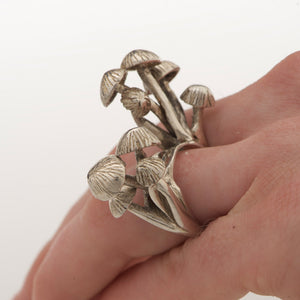 One of a kind, sculpture, art jewelry, silver coin cap mushroom ring by Peggy Skemp, fungi, fungus, mushroom ring