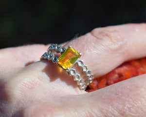honeycomb ring with emerald cut ethiopian fire opal, two band silver honeycomb ring