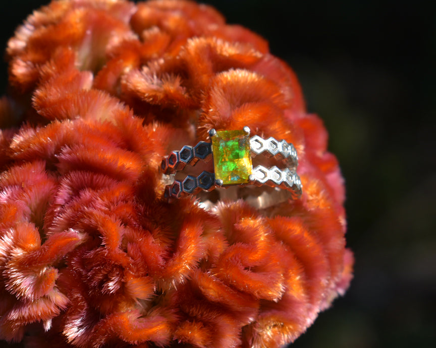 emerald cut opal, opal honeycomb ring, peggy skemp jewelry, 