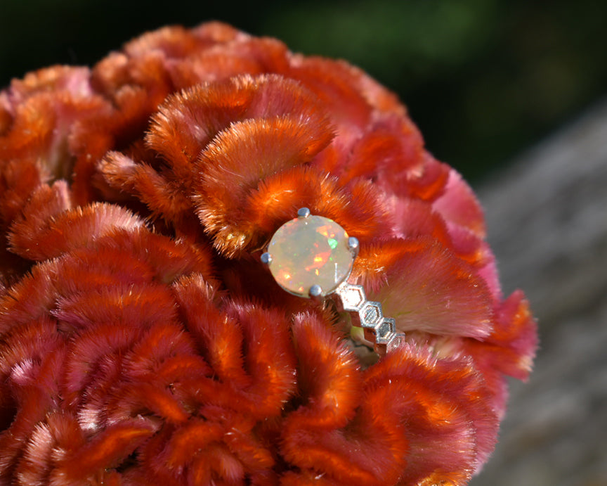 Opal Honeycomb Solitaire Ring, Silver with Round Faceted Opal