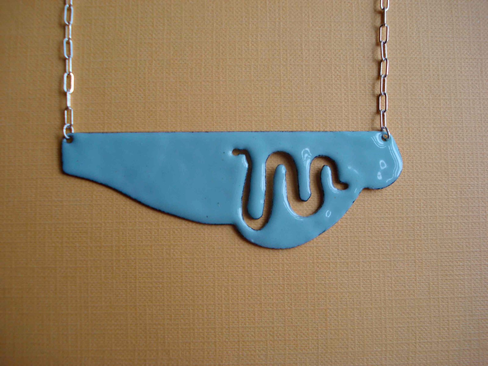 seafoam green glass enamel with nematode worm silhouette in an asymmetrical shape with flat top and a silver chain by Peggy Skemp 2008 photo by Peggy.