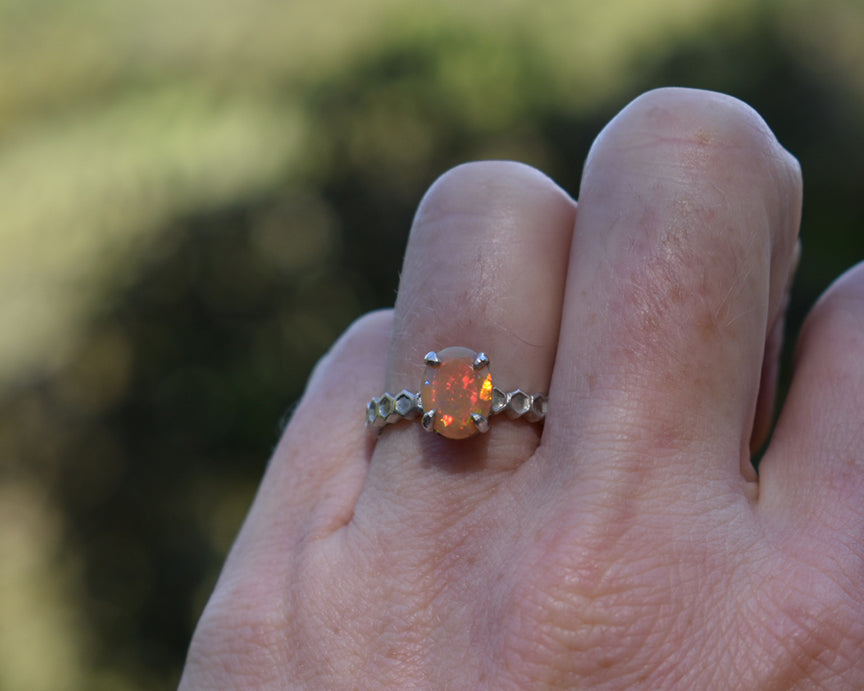 Opal Honeycomb Solitaire Ring, Silver with North/South-set Oval Faceted Opal