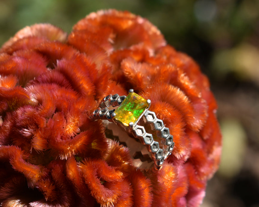 emerald cut opal, opal honeycomb ring, peggy skemp jewelry, 