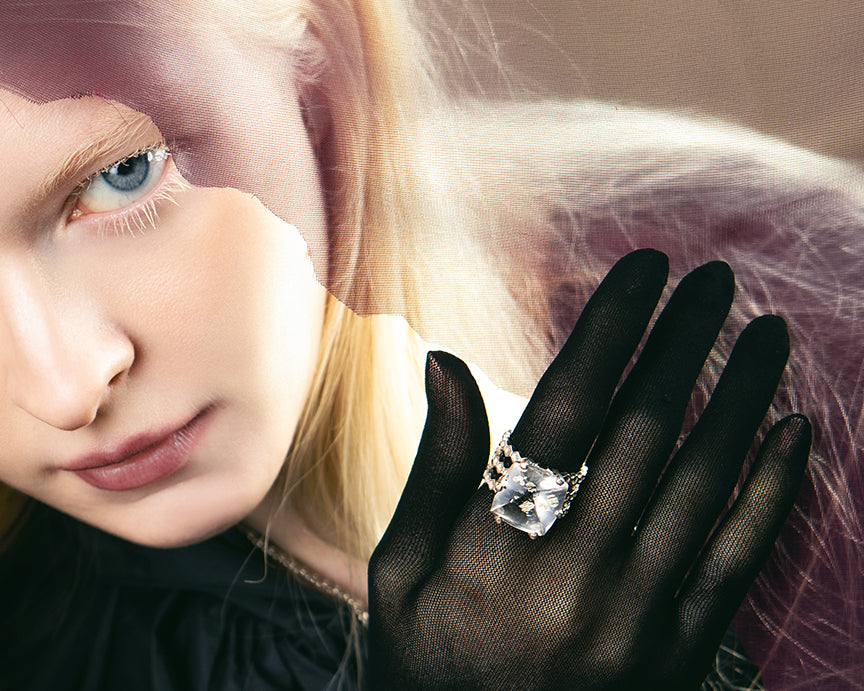 honeycomb ring, sweet gift, included quartz, pyritized quartz, crystal, gem collection, honeycomb ring, one of a kind, art jewelry, peggy skemp jewelry, sweet ring, cocktail ring, statement ring, contemporary jewelry, fine jewelry, jewelry collector