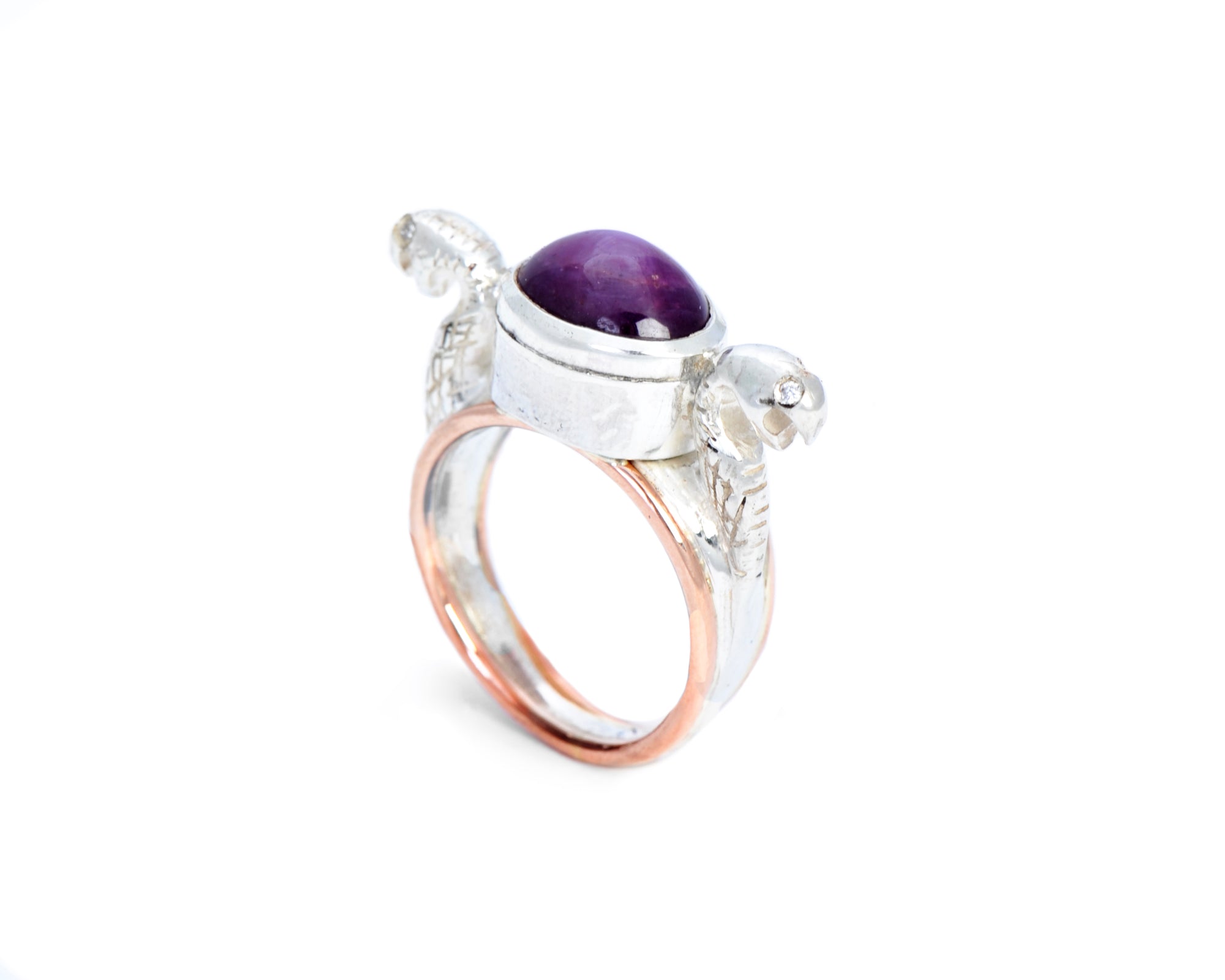 Serpent Sentinels Ring with Star Ruby and Diamond Eyes