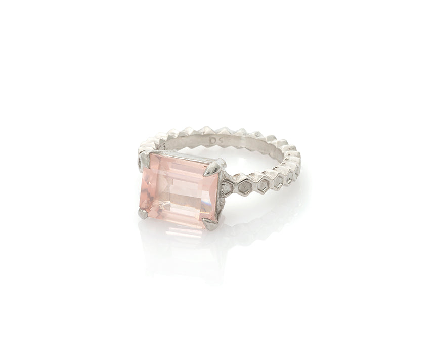 Rose Quartz Honeycomb Solitaire Ring