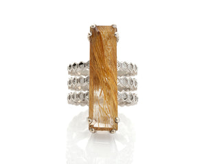 rutilated quartz ring, emerald cut included quartz solid silver honeycomb cocktail ring by artist Peggy Skemp,