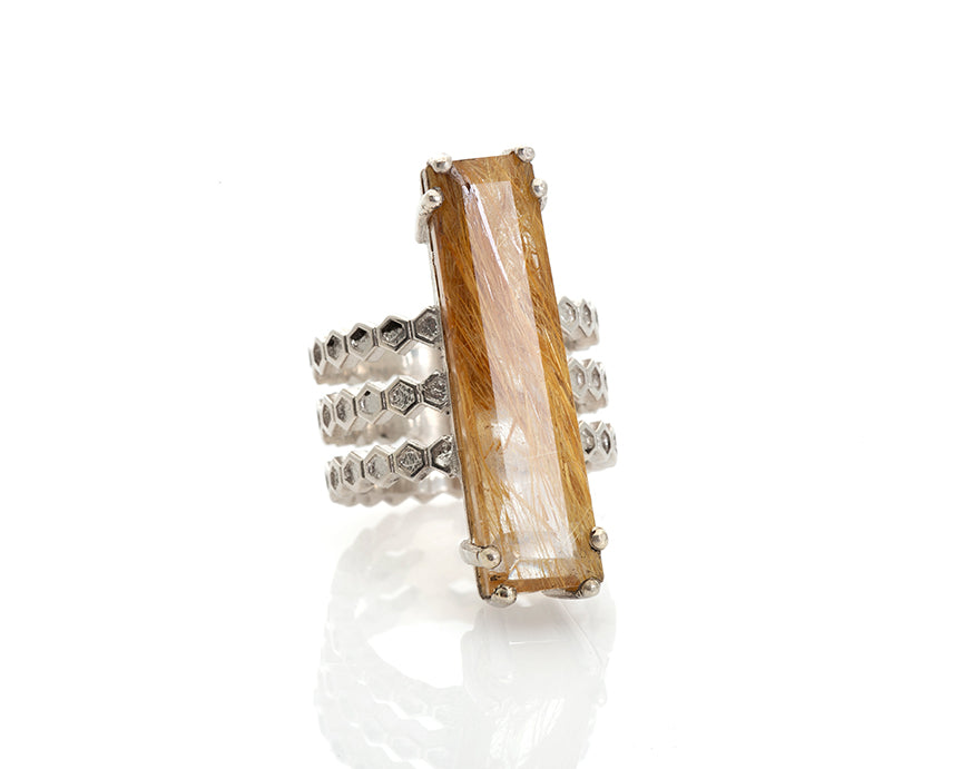 rutilated quartz ring, emerald cut included quartz solid silver honeycomb cocktail ring by artist Peggy Skemp,