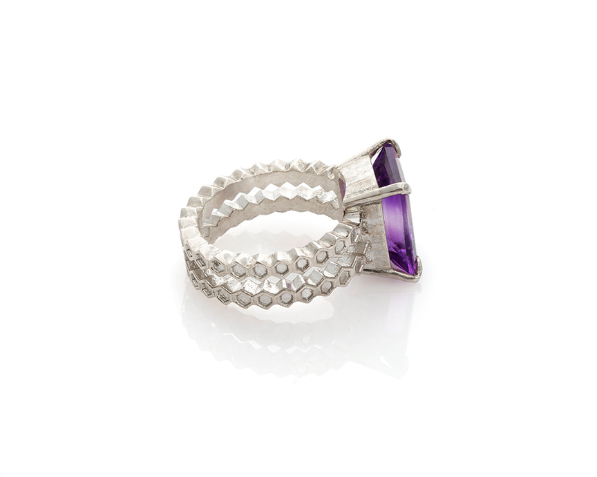 Bicolor Amethyst, 5.92ct Silver Honeycomb Ring