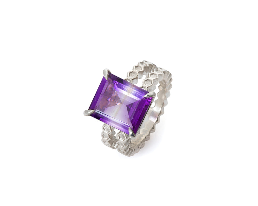 Bicolor Amethyst, 5.92ct Silver Honeycomb Ring