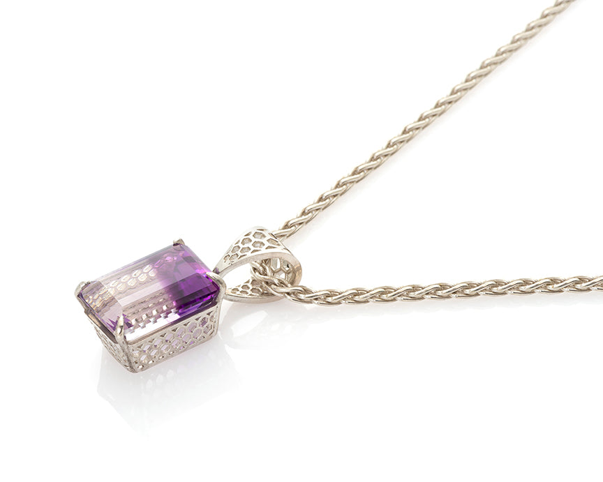 step cut, honeycomb, honeycomb necklace, amethyst, bicolor amethyst, quartz, white quartz, gem, bespoke, gem collector, jewelry addict, february birthstone, one of a kind pendant, bee hive necklace